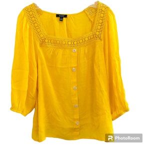 AUW Yellow Gold Blouse Top Large L Square Neckline Boho Peasant COTTAGECORE